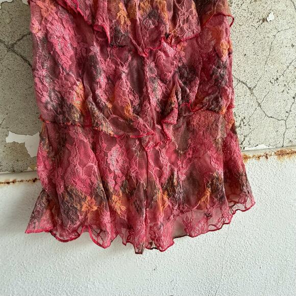 Y2K Lace Ruffle Tank Top Pink Orange Brown Sheer Festival Size S - Picture 2 of 5